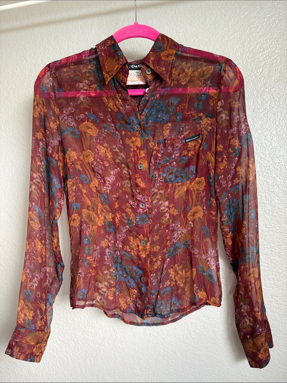VINTAGE Dolce & Gabbana Floral Silk Sheer Button-Up